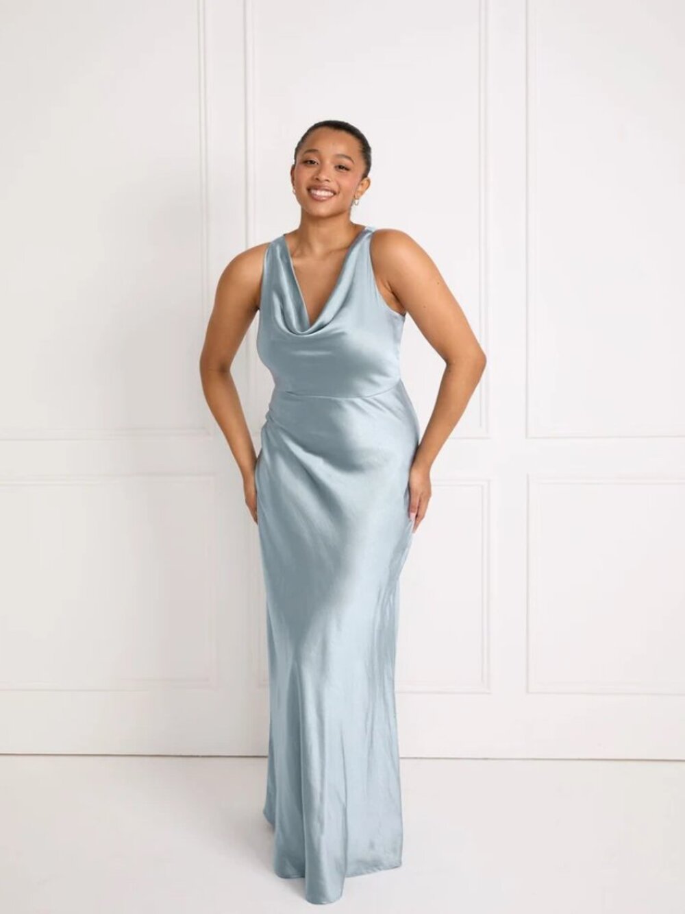 Six Stories Myah Dusty Blue Cowl Front Satin Maxi Bridesmaid Dress, Size 8